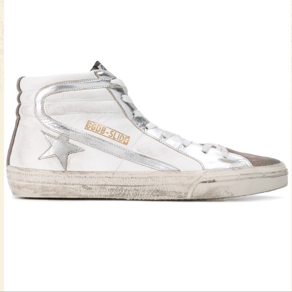 Golden Goose High Top Slide Sneakers Silver and White